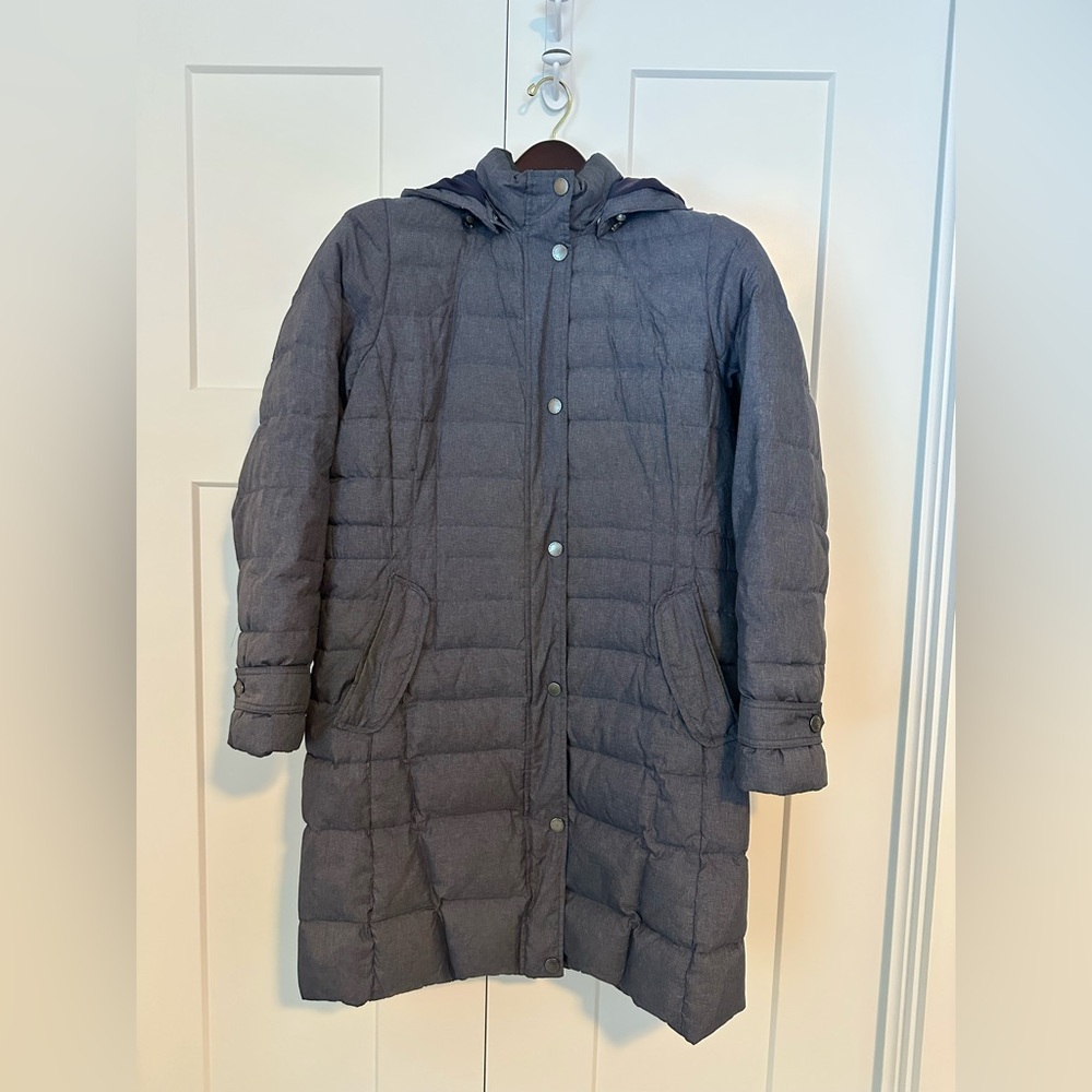 Lands' End Women’s Heathered Blue Down Insulated Hooded Long Puffer Jacket L